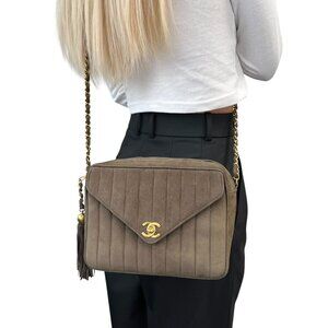 CHANEL Vintage CC Logo Quilted Fringe Chain Shoulder Bag Khaki Gold [106233]